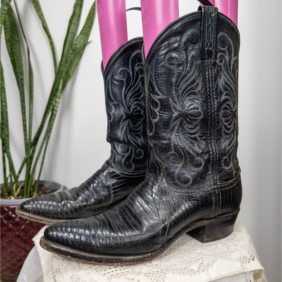 Dan Post Shoes - Black Lizard Leather Western Boots Snip Toe Dan Post Y2K Cowboy 7.5